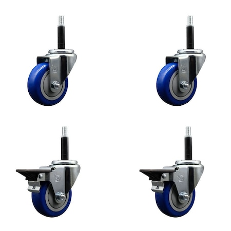 Service Caster 3.5'' Blue Poly Wheel Swivel 3/4'' Expanding Stem Caster Set 2 Brakes, 4PK SCC-EX20S3514-PPUB-BLUE-2-PLB-2-34